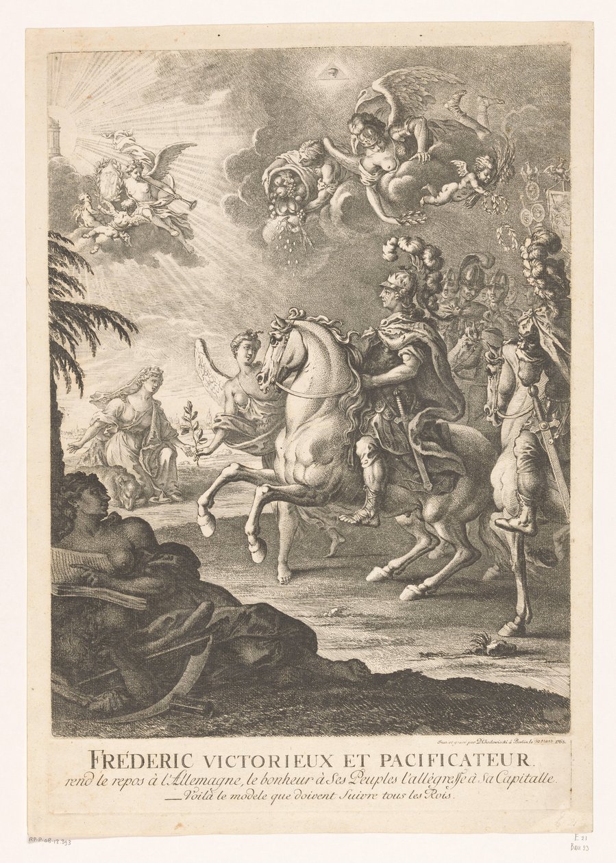 Representação alegórica com Frederico o Grande a cavalo Fréderic victorieux et pacificateur (...) (título no objeto) de Daniel Nikolaus Chodowiecki