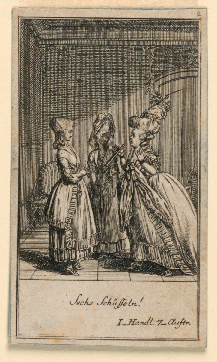 Uma mulher idosa repreendendo uma menina, ilustração da peça "Não mais do que sachs Schuesseln" de Fredrich Wilhelm Grossman em "Königl: Grosbrit [anian] calendário genealógico para o ano de 1782 Lauenberg por J.G. Berenberg" de Daniel Nikolaus Chodowiecki