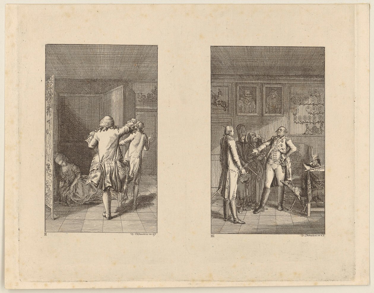O Barão expulsa Cândido do castelo [à esquerda]; Cândido, Cunigunde e a Velha perante o governador de Buenos Aires [à direita] de Daniel Nikolaus Chodowiecki