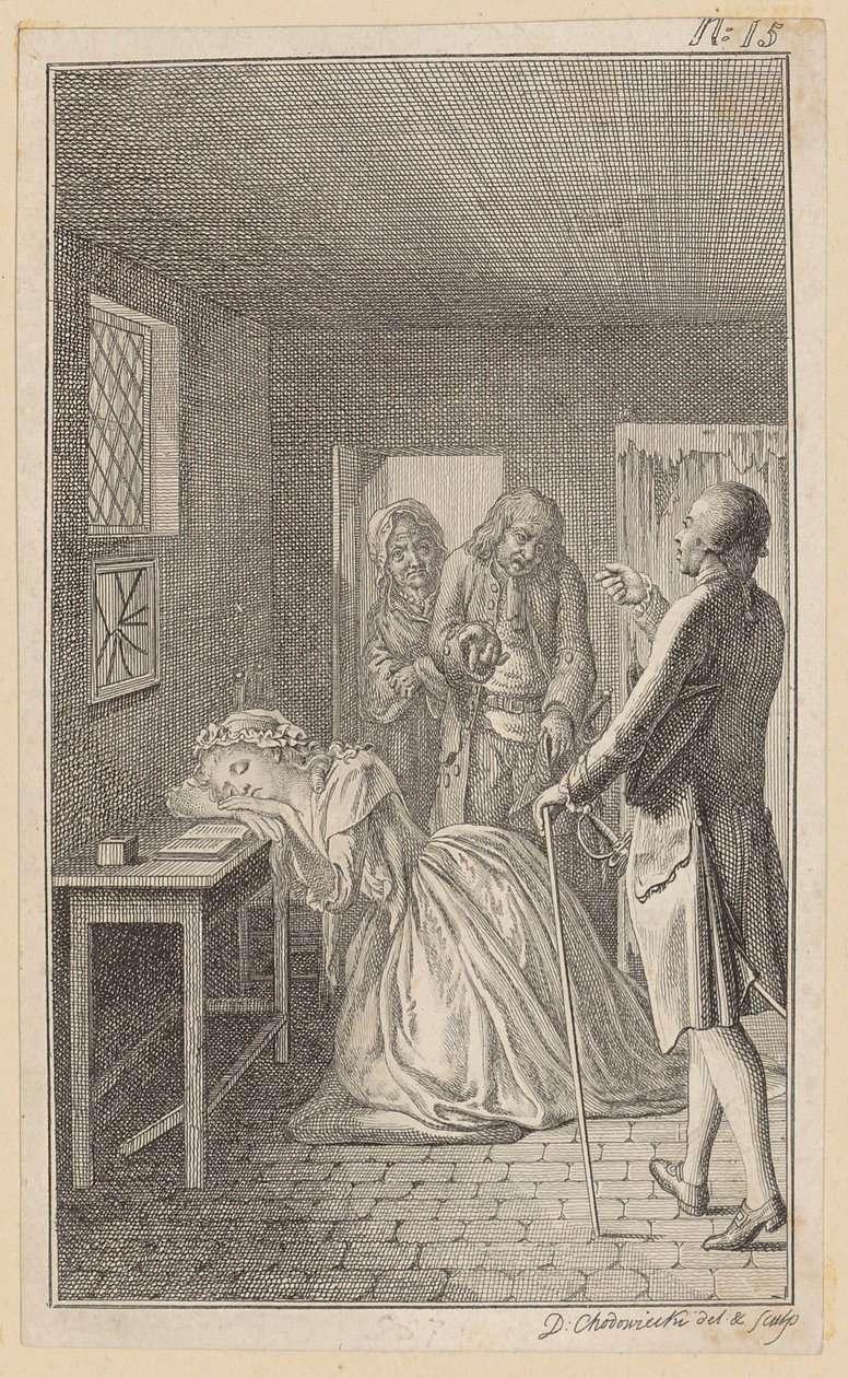 Durante a sua visita à prisão, Belford encontra Clarisse na cela do capanga Rowland de Daniel Nikolaus Chodowiecki
