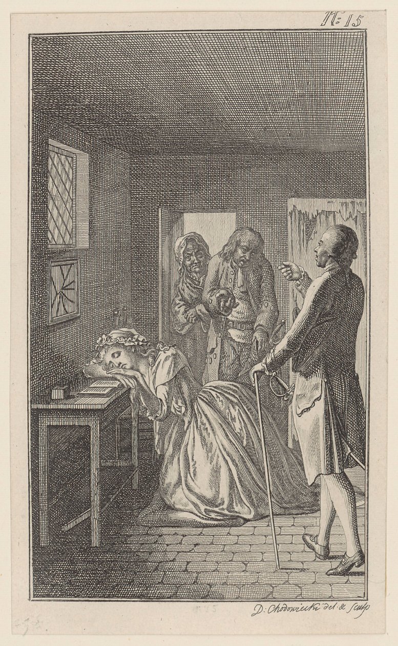 Durante a sua visita à prisão, Belford encontra Clarisse na cela do capanga Rowland de Daniel Nikolaus Chodowiecki