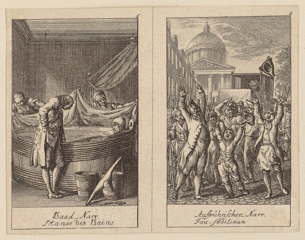 Páginas 5 e 6 do *Centifolium Stultorum*, «Loucuras» de Daniel Nikolaus Chodowiecki