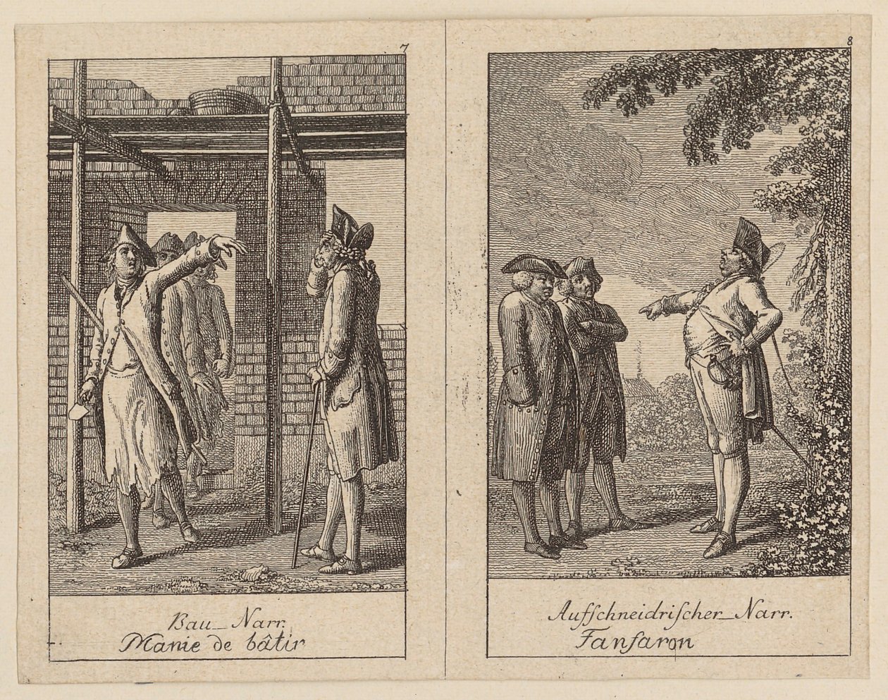 Páginas 7 e 8 do *Centifolium Stultorum*, «Loucuras» de Daniel Nikolaus Chodowiecki