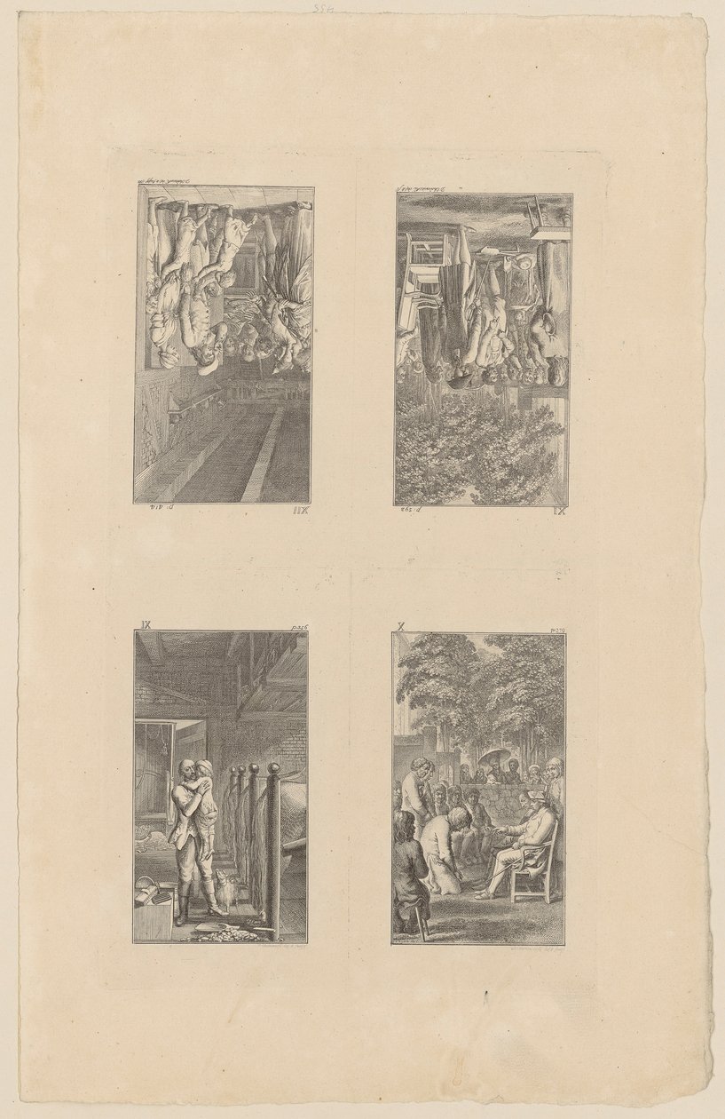Páginas 9-12 da obra «Lienhard e Gertrud», de Pestalozzi de Daniel Nikolaus Chodowiecki
