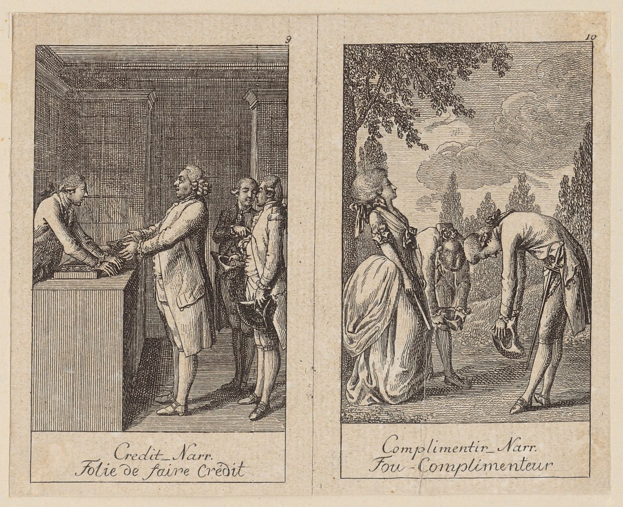 Páginas 9 e 10 do *Centifolium Stultorum*, «Loucuras» de Daniel Nikolaus Chodowiecki