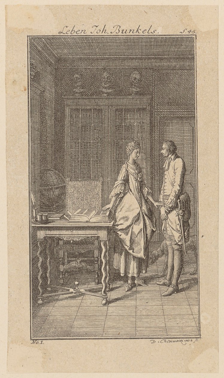 Bunkel na biblioteca de Miss Henriette Noel, folha 1 de «Vida, observações e opiniões de Johann Bunkel» de Daniel Nikolaus Chodowiecki