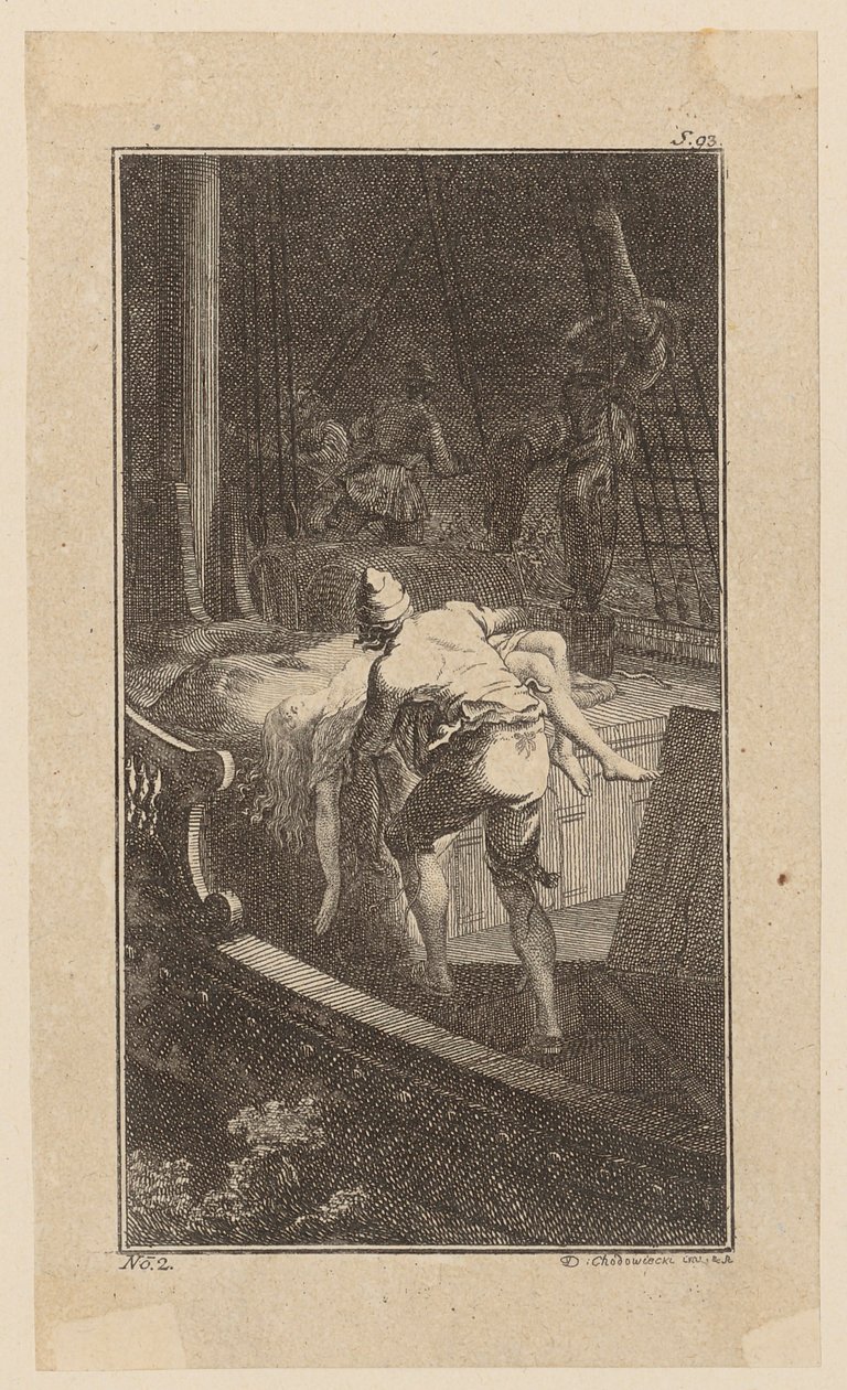 Bunkel leva Miss Melmoth da cabina inundada para o convés, estampa 2 de «Vida, observações e opiniões de Johann Bunkel» de Daniel Nikolaus Chodowiecki