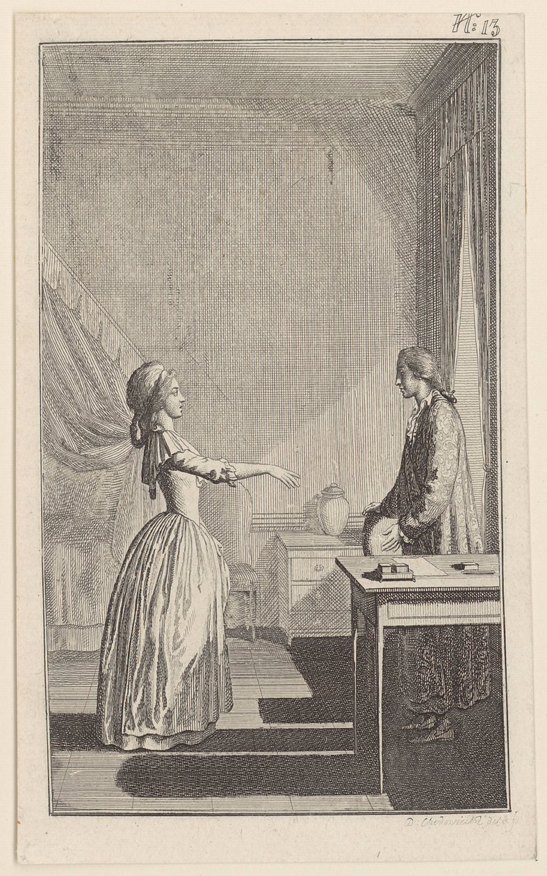 Clarisse acusa Lovelace de a ter deixado desprotegida, de a ter desonrado e de lhe ter roubado toda a paz e virtude de Daniel Nikolaus Chodowiecki