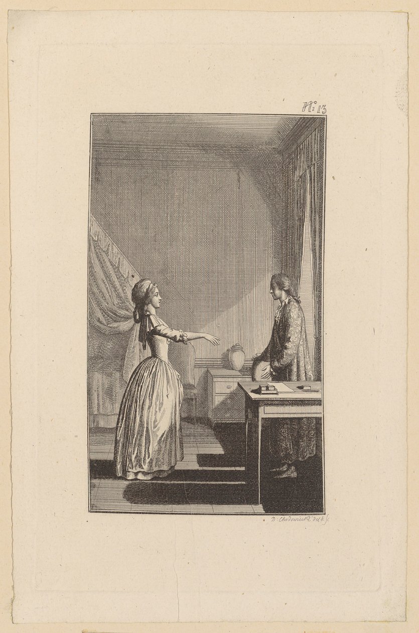 Clarisse acusa Lovelace de a ter deixado desprotegida, de a ter desonrado e de lhe ter roubado toda a paz e virtude de Daniel Nikolaus Chodowiecki