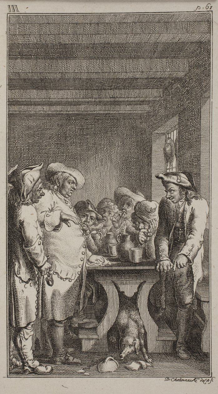 O cachorro de Scheerer lambe a água colorida de um vaso quebrado debaixo da mesa, ao redor do qual 4 fazendeiros estão sentados e 3 estão de pé, fumando e bebendo tabaco. ob.III, p. 61 de Daniel Nikolaus Chodowiecki