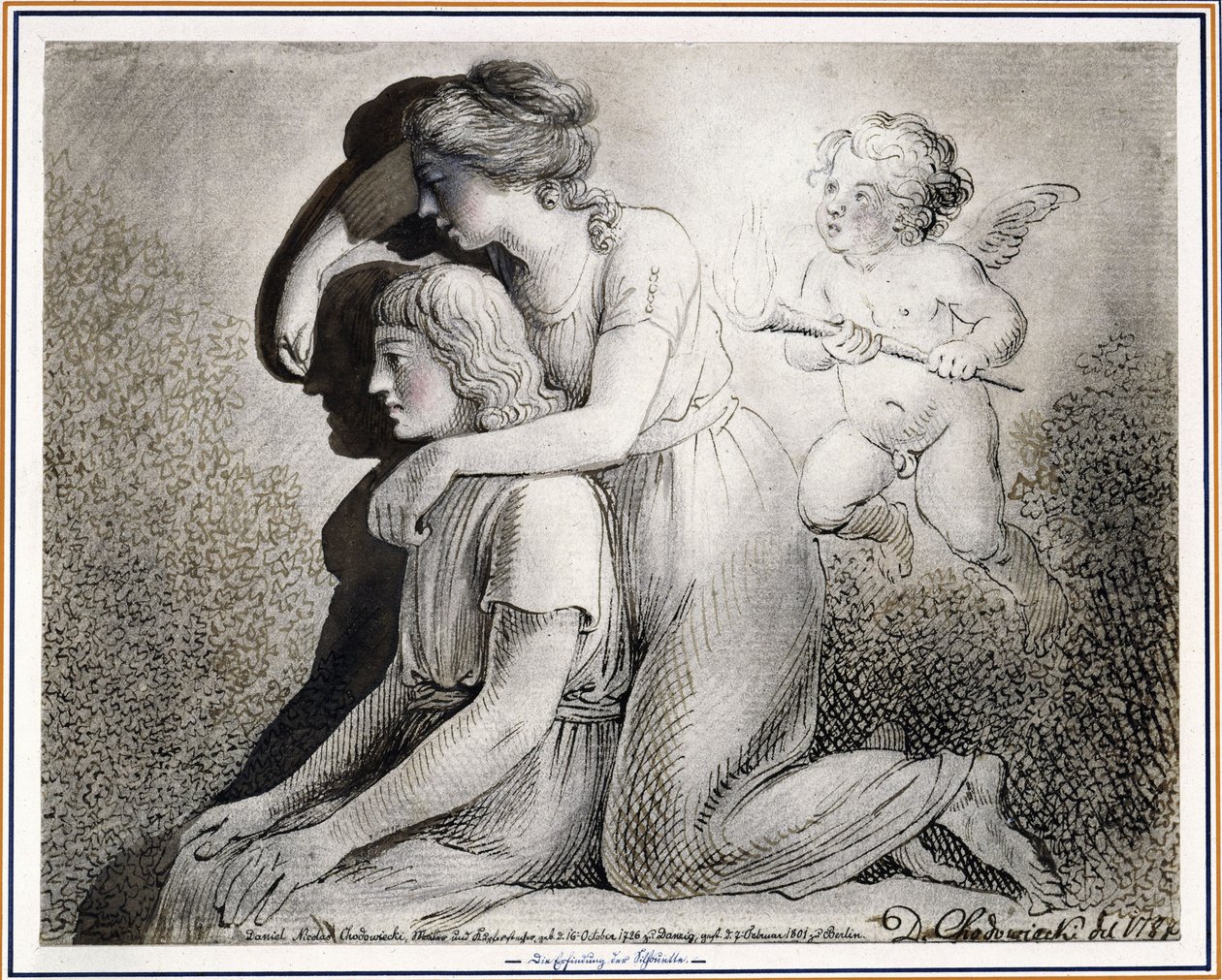 A invenção da arte do desenho: uma rapariga, incentivada por Cupido, desenha na parede a silhueta de um jovem sentado à sua esquerda de Daniel Nikolaus Chodowiecki