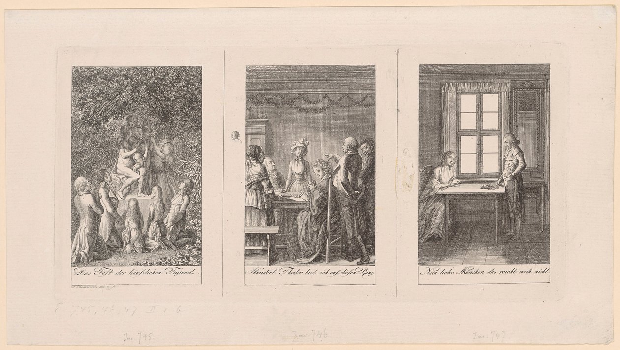 Três folhas para o «Livro de bolso [...] para 1795» de Ehrenberg de Daniel Nikolaus Chodowiecki