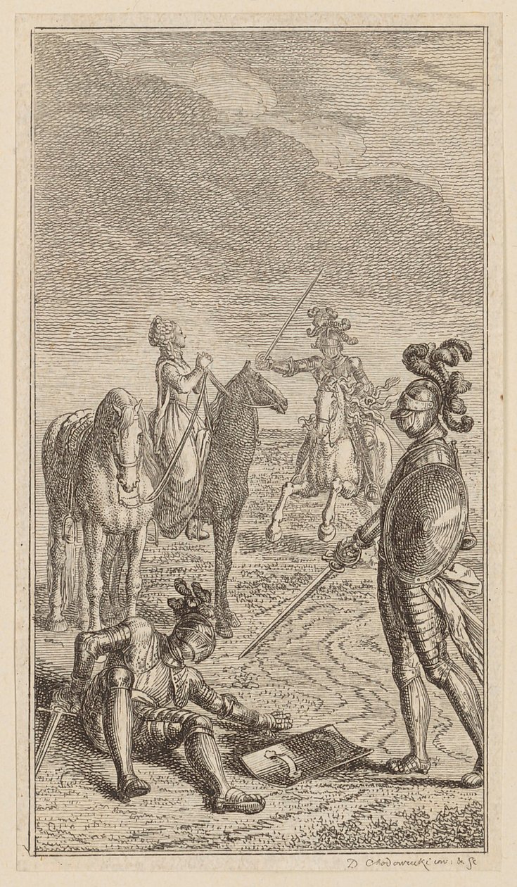 Rapto, ou o cavaleiro Karl von Eichenhorst e a senhorita Gertrude von Hochburg, folha da primeira edição dos "Poemas de Gottfried August Bürger" de Daniel Nikolaus Chodowiecki