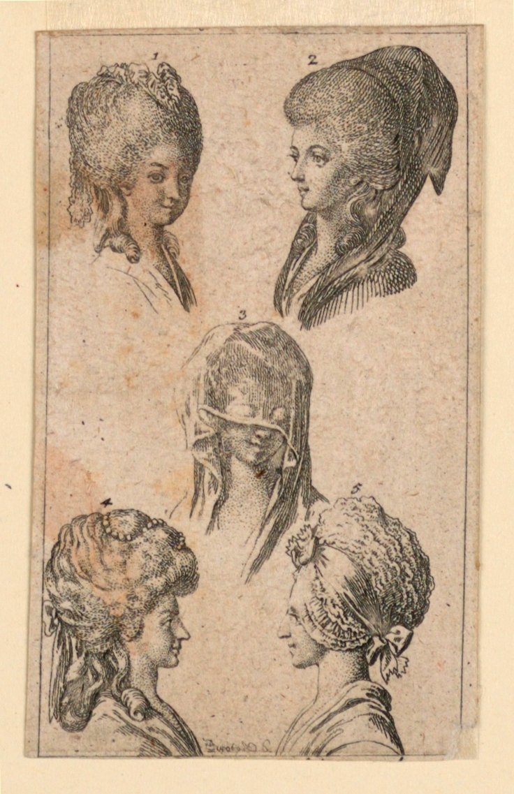 Five Headgears, como Worn by Berlin Women, Ilustração para "Königl: Grosbrit [anian] calendário genealógico para o ano de 1782 Lauenberg por J.G. Berenberg" de Daniel Nikolaus Chodowiecki