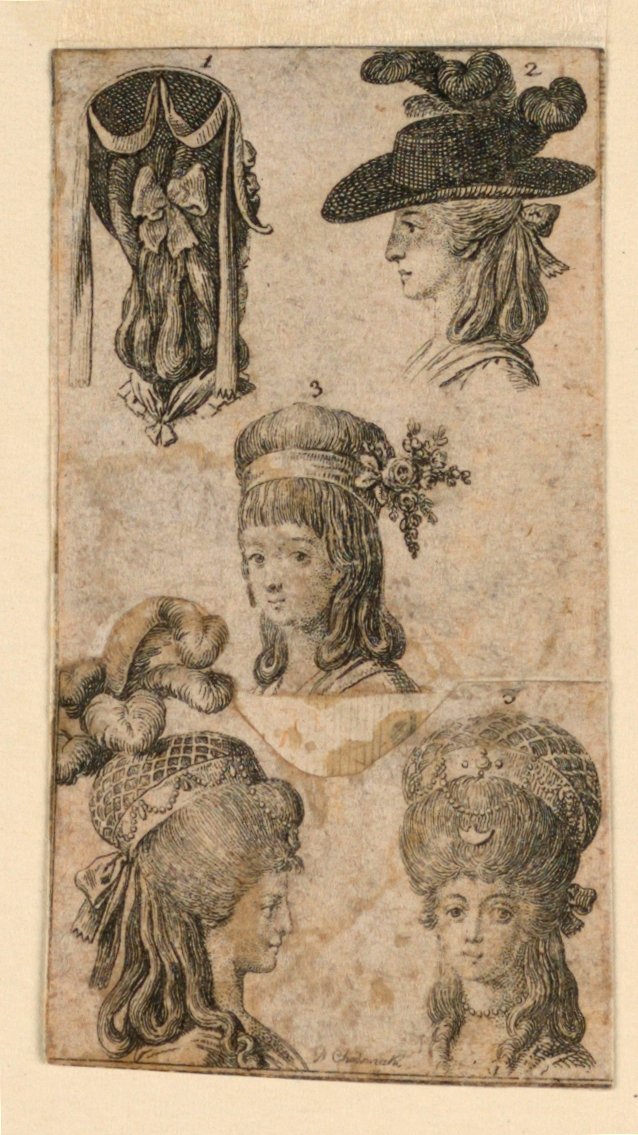 Cinco Headgears para Mulheres, Dois Fragmentos de Ilustrações para "Königl: Grosbrit [anian] calendário genealógico para o ano de 1781 Lauenberg por J.G. Berenberg" de Daniel Nikolaus Chodowiecki