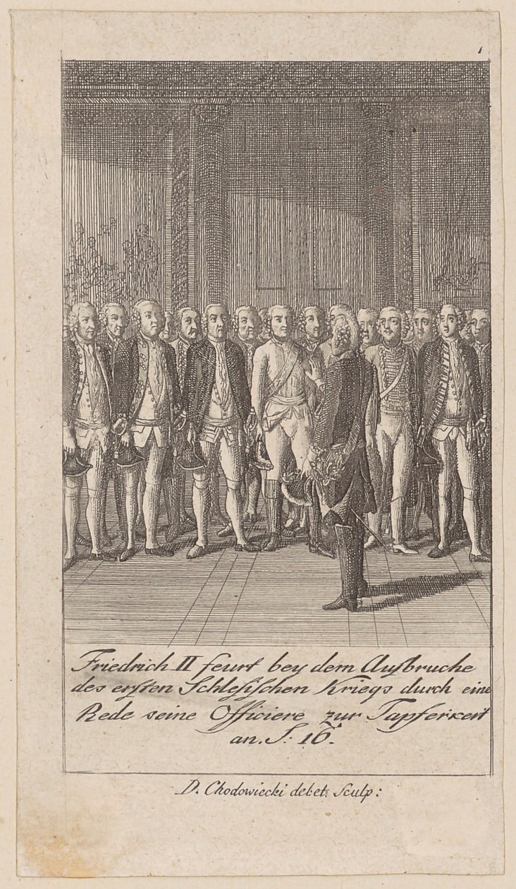 Frederico II incentiva os seus oficiais à coragem com um discurso no início da primeira Guerra da Silésia de Daniel Nikolaus Chodowiecki