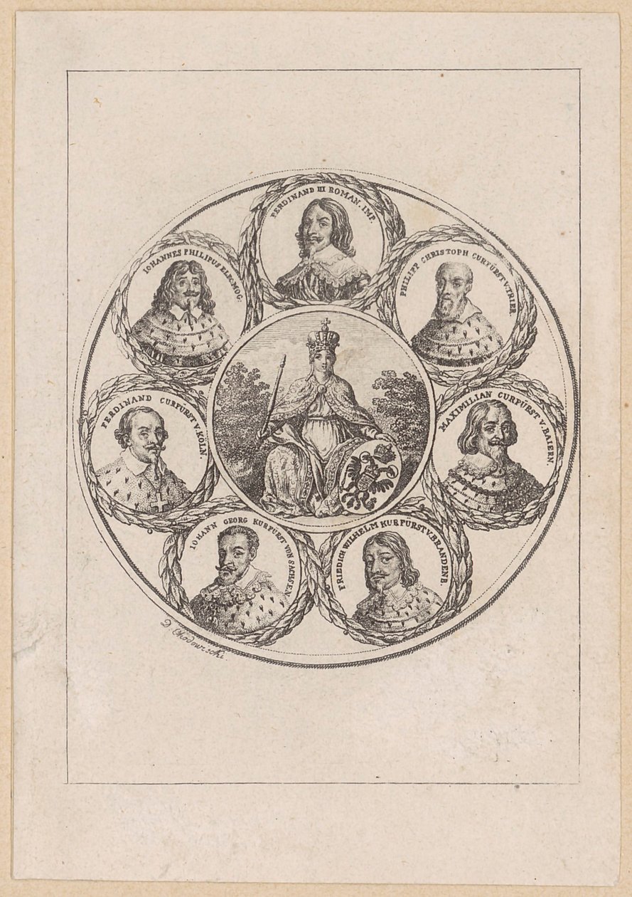 Germania com os retratos do imperador Fernando III e de seis príncipes-eleitores da época da Guerra dos Trinta Anos de Daniel Nikolaus Chodowiecki