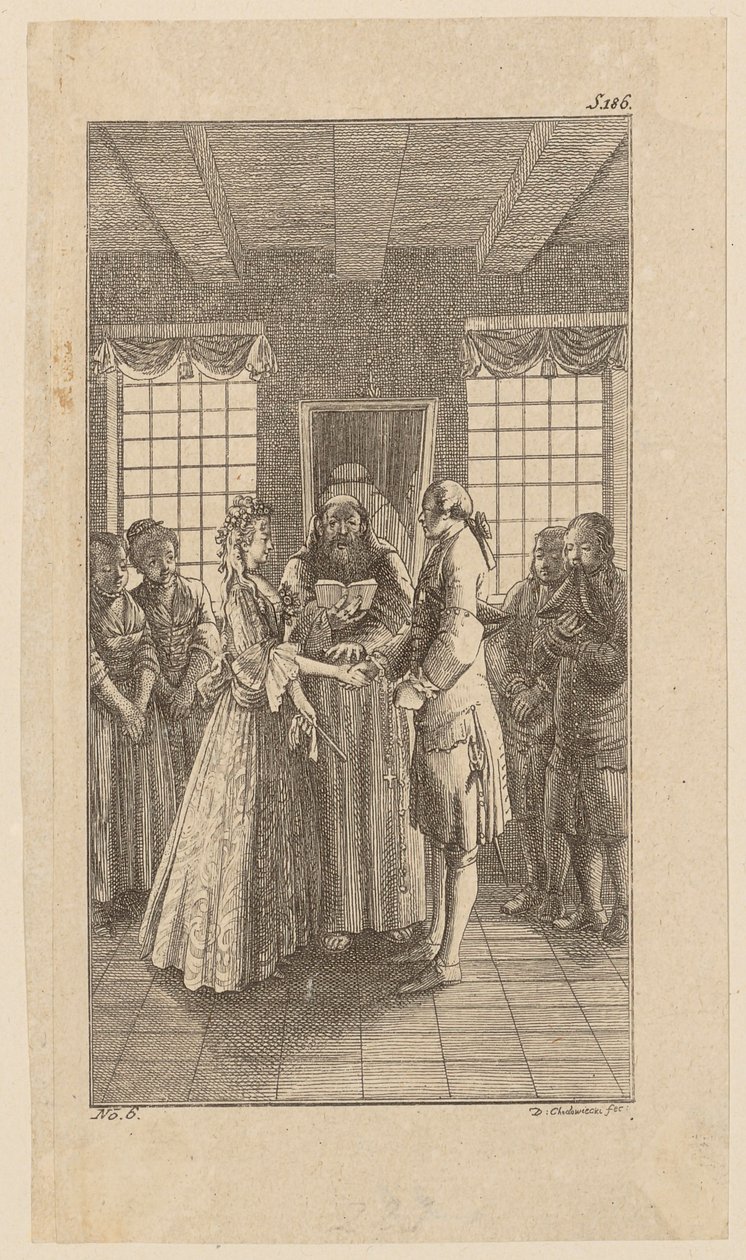 Casamento com a Srta. Melmoth, página 6 de «Vida, Observações e Opiniões de Johann Bunkel» de Daniel Nikolaus Chodowiecki