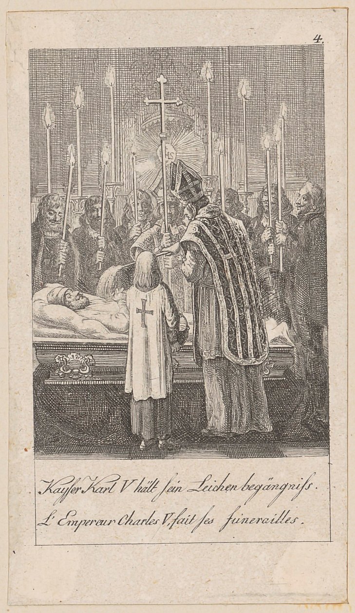 O imperador Carlos V realiza o seu próprio funeral, prancha 4 da série «História antiga, medieval e moderna» de Daniel Nikolaus Chodowiecki