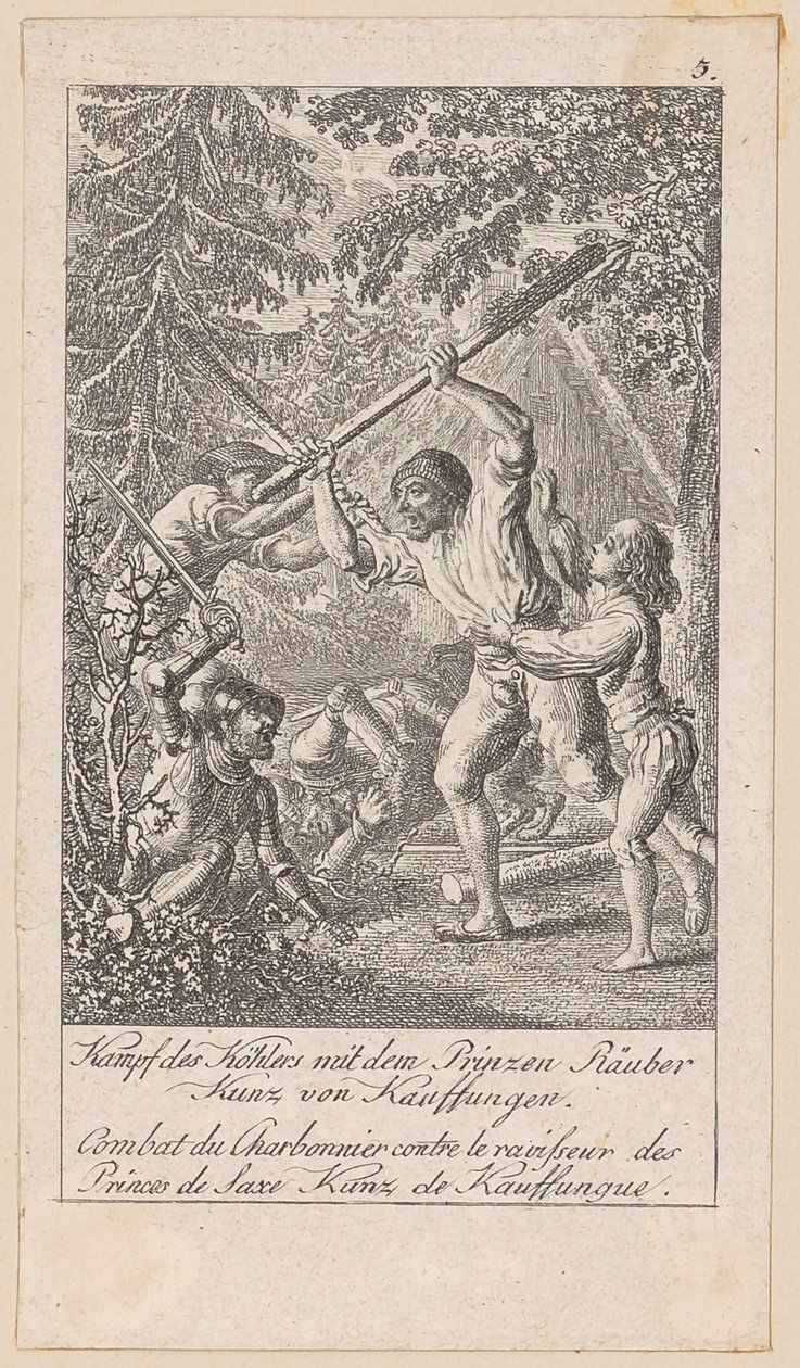 A luta do carvoeiro com o ladrão príncipe, estampa 5 da série «História antiga, medieval e moderna» de Daniel Nikolaus Chodowiecki