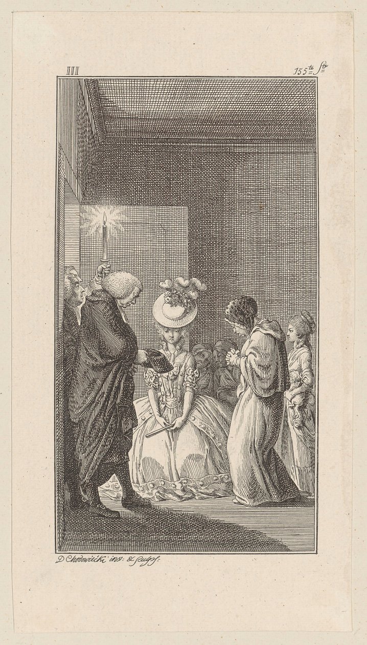 Lady Vincent, acompanhada por Lady Brunk, Whitefield e um clérigo, entra de Daniel Nikolaus Chodowiecki