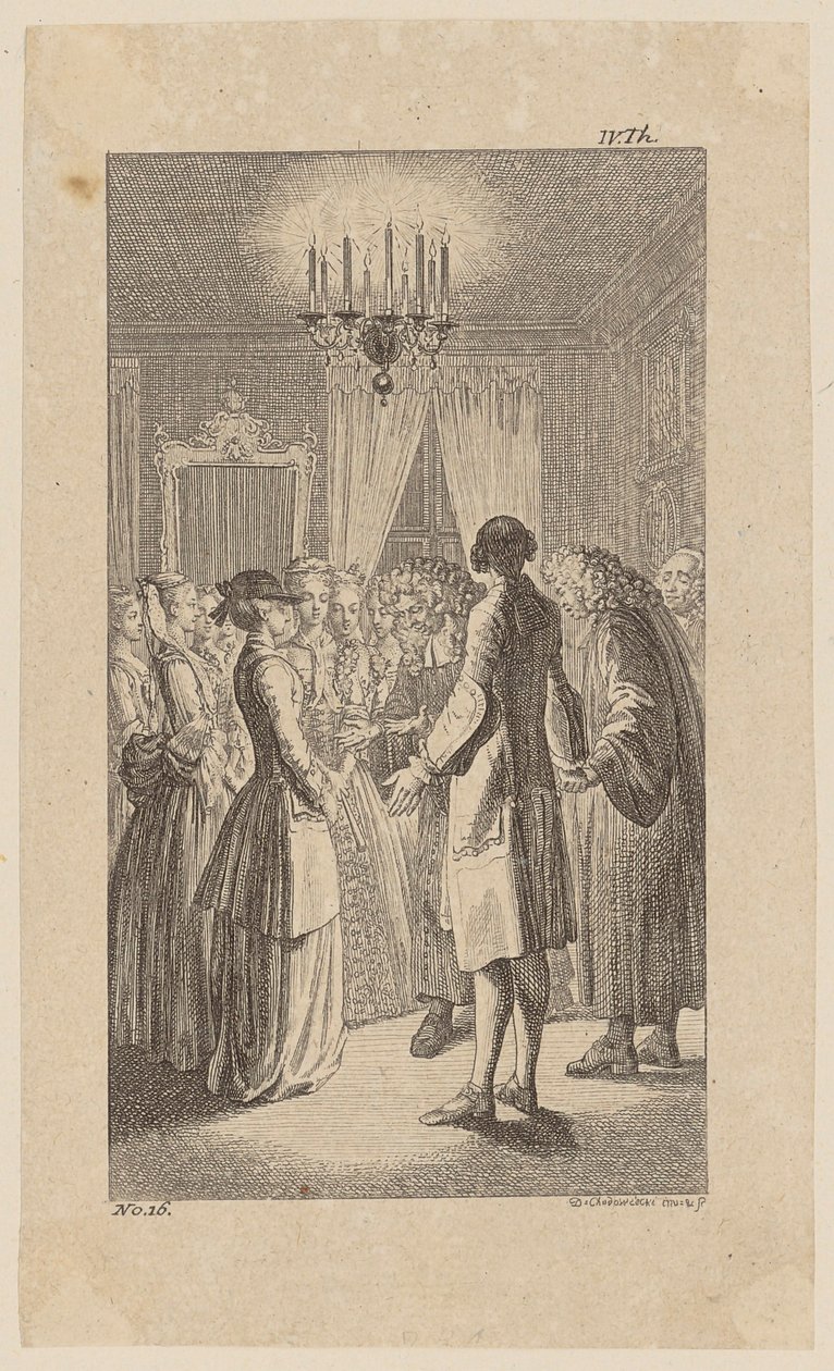 A Srta. West, no quarto de Comus, aceita o acordo matrimonial, página 16 de «Vida, Observações e Opiniões de Johann Bunkel» de Daniel Nikolaus Chodowiecki