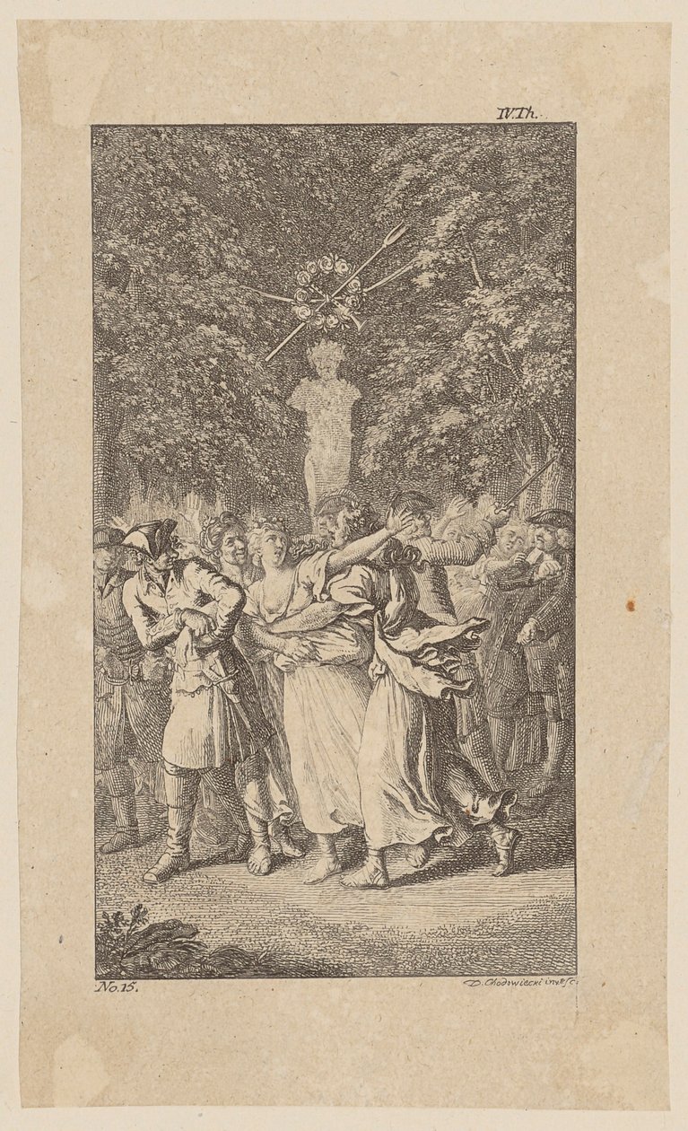 O rapto da Srta. West durante uma peça de Molière sobre pastores, num bosquinho; página 15 de «Vida, Observações e Opiniões de Johann Bunkel» de Daniel Nikolaus Chodowiecki