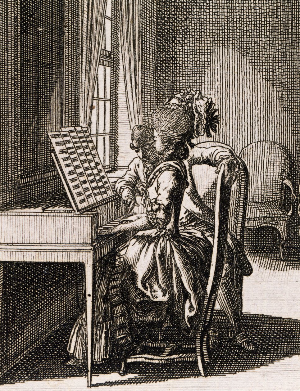 Música, mulher a tocar spinet, por Daniel Niklaus Chodowiecki (1726-1801), de Occupations des dames, Alemanha, Polónia de Daniel Nikolaus Chodowiecki