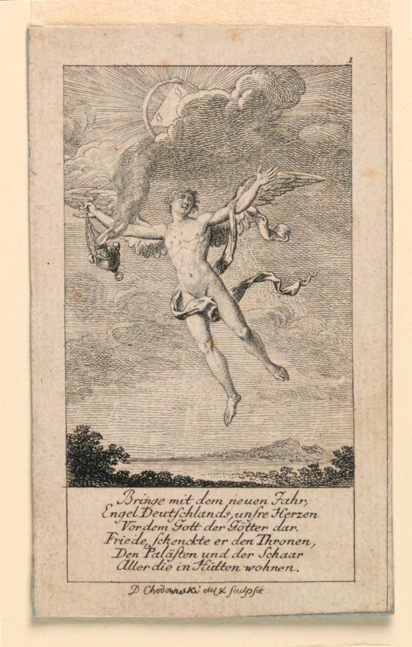Desejo de Ano Novo para a Alemanha, Ilustração para "Königl: Grosbrit [anian] calendário genealógico para o ano 1780 Lauenberg por J.G. Berenberg" de Daniel Nikolaus Chodowiecki