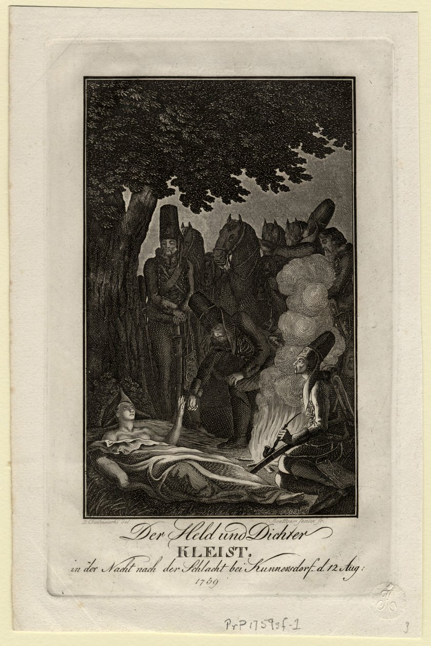 Poeta Ewald von Kleist na batalha de Kunersdorf, em 12 de agosto de 1759, ca 1759 de Daniel Nikolaus Chodowiecki