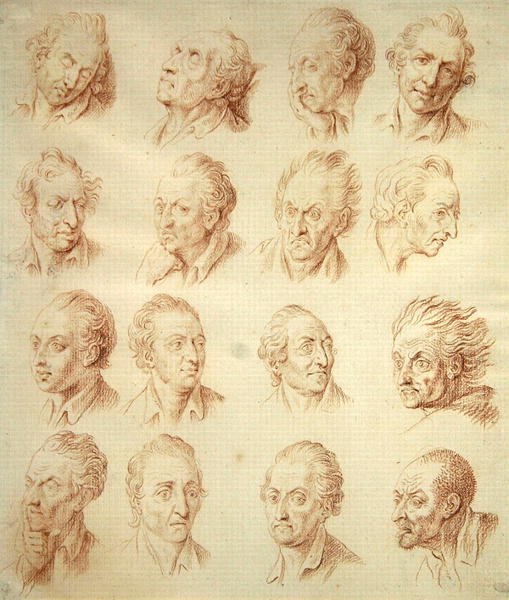 Estudos de Expressões Faciais (giz vermelho sobre papel) de Daniel Nikolaus Chodowiecki