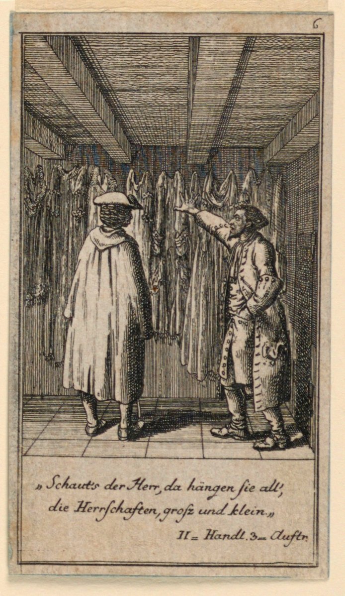 The Costume Dealer, Ilustração da peça "Não mais que sachs Schuesseln" de Fredrich Wilhelm Grossman em "Königl: Grosbrit [anian] calendário genealógico para o ano de 1782 Lauenberg por J.G. Berenberg" de Daniel Nikolaus Chodowiecki