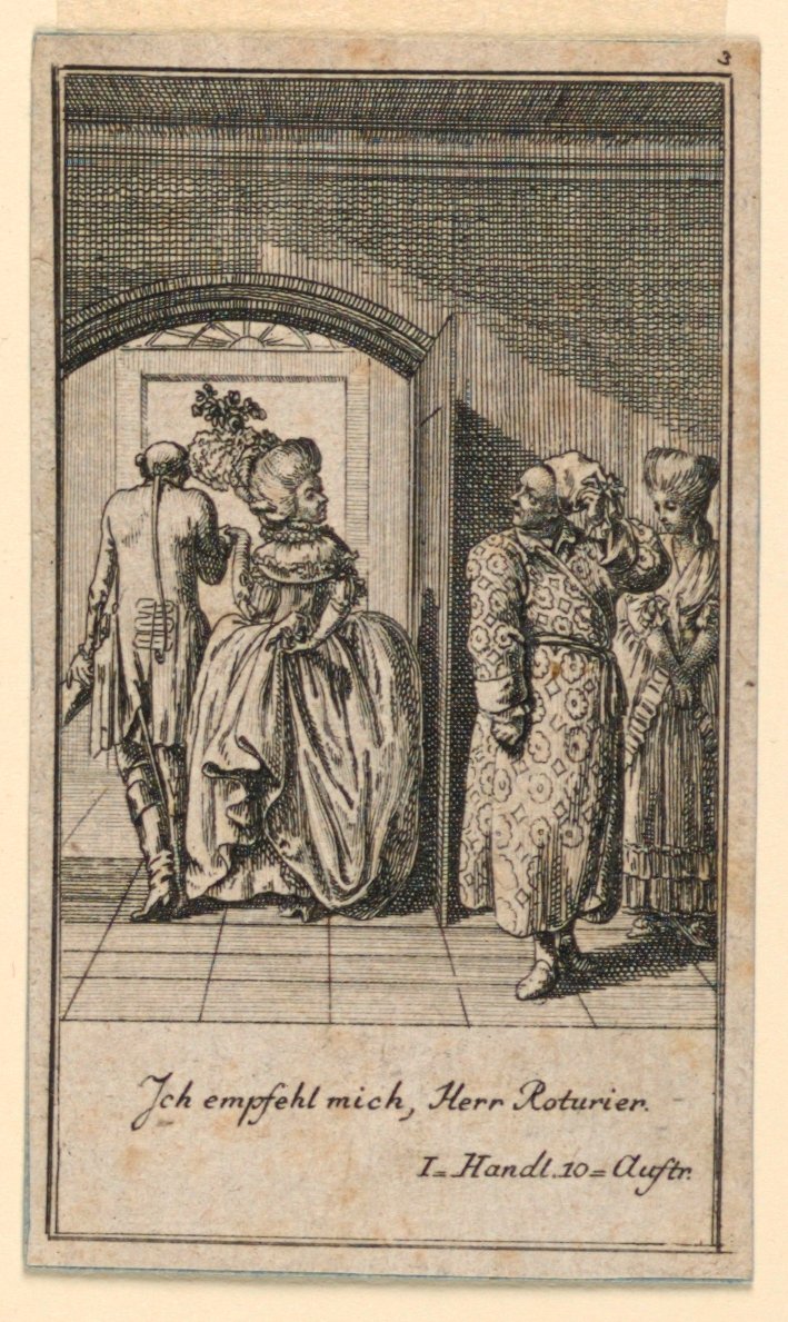 O casal de idosos terminando arrogantemente uma visita, ilustração da peça "Não mais que sachs Schuesseln" de Fredrich Wilhelm Grossman em "Königl: Grosbrit [nische] calendário genealógico no ano de 1782 Lauenberg por J.G. Berenberg" de Daniel Nikolaus Chodowiecki