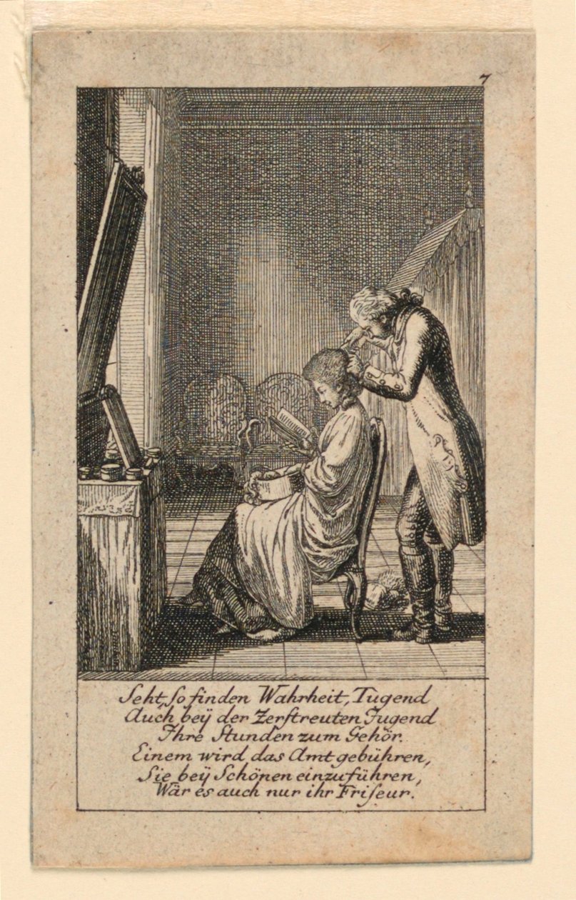 O Hair-Do, Ilustração para "Königl: Grosbrit [anian] calendário genealógico para o ano de 1780 Lauenberg por J.G. Berenberg" de Daniel Nikolaus Chodowiecki