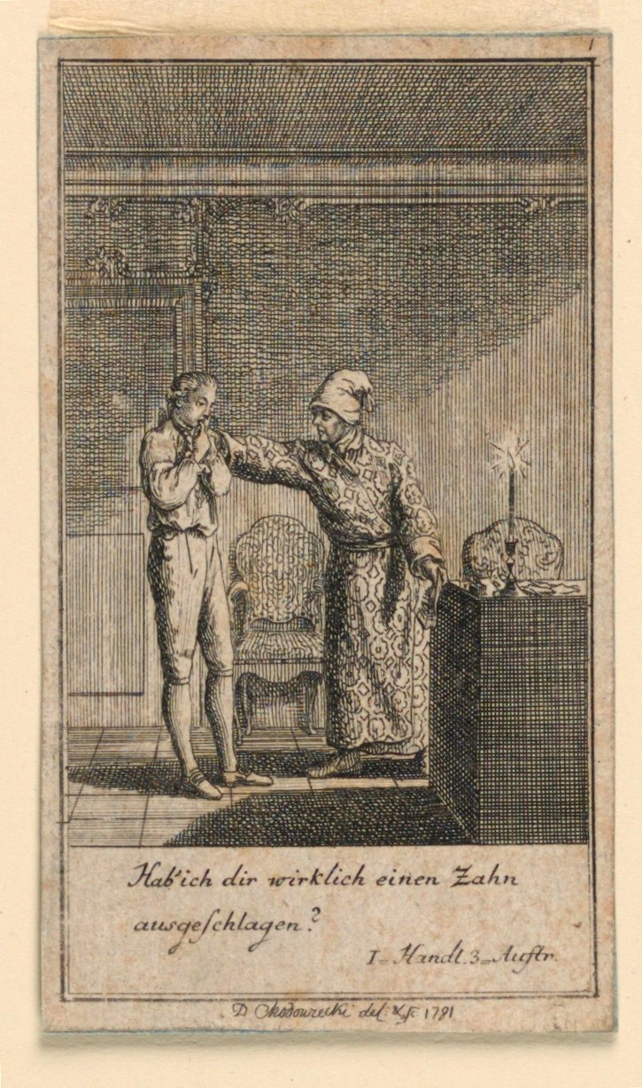 The Slap in the Face, Ilustração da peça "Não mais do que sachs Schuesseln" de Fredrich Wilhelm Grossman em "Königl: Grosbrit [anian] calendário genealógico para o ano de 1782 Lauenberg por J.G. Berenberg" de Daniel Nikolaus Chodowiecki