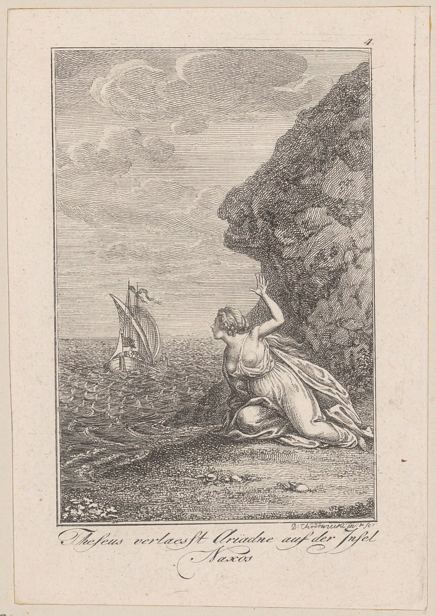 Teseu deixa Ariadne na ilha de Naxos, folha 4 da obra «Teseu», de Becker de Daniel Nikolaus Chodowiecki