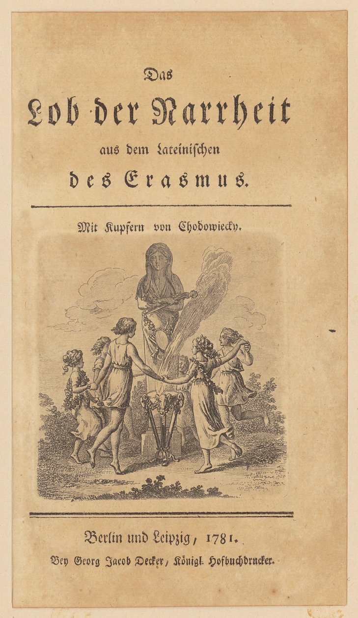 Página de rosto com vinheta da obra «Elogio da Loucura», de Erasmo de Daniel Nikolaus Chodowiecki