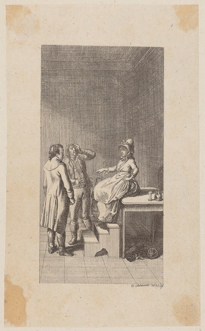 Gravura de cobre da capa de «Jacó e o seu Senhor», de Diderot, primeira parte de Daniel Nikolaus Chodowiecki