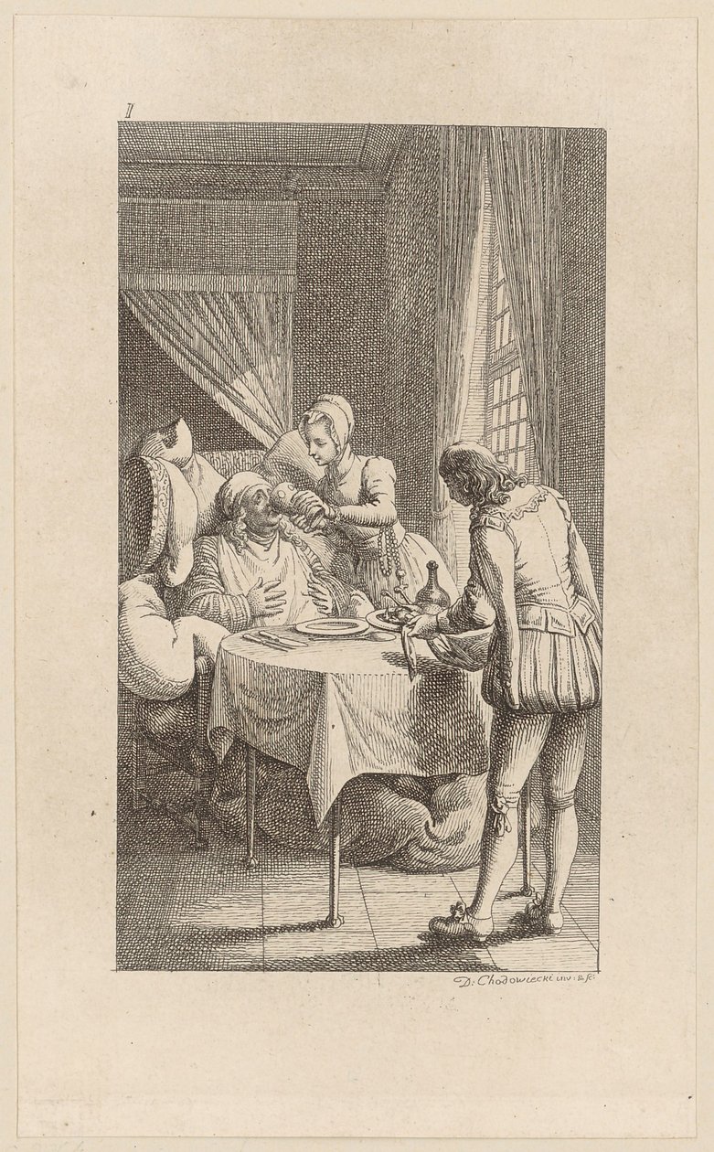 Gravura de cobre da capa de «Gil Blas de Santillana», volume 1 de Daniel Nikolaus Chodowiecki