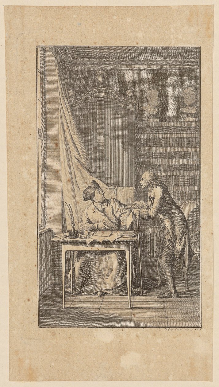 Gravura de frontispício para «Leben, Thaten und Meinungen des Dr. J. Peter Menadie», de Weber, primeira parte de Daniel Nikolaus Chodowiecki