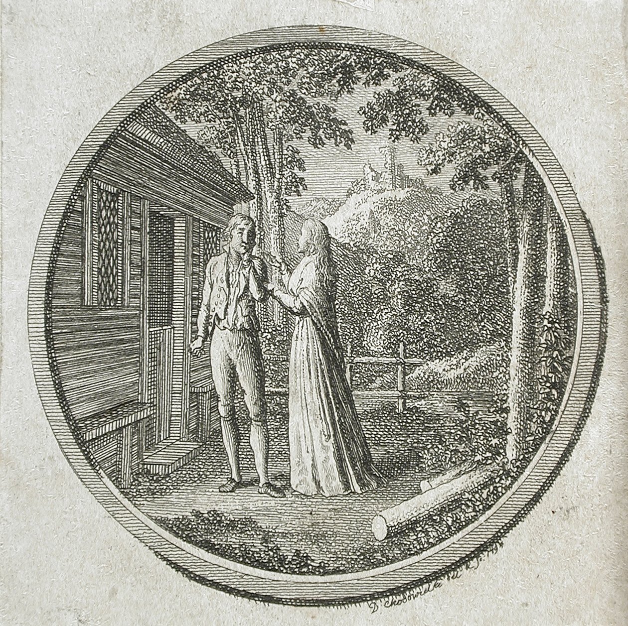 Página de rosto e vinheta de «Klara Du Plessis», de La Fontaine de Daniel Nikolaus Chodowiecki