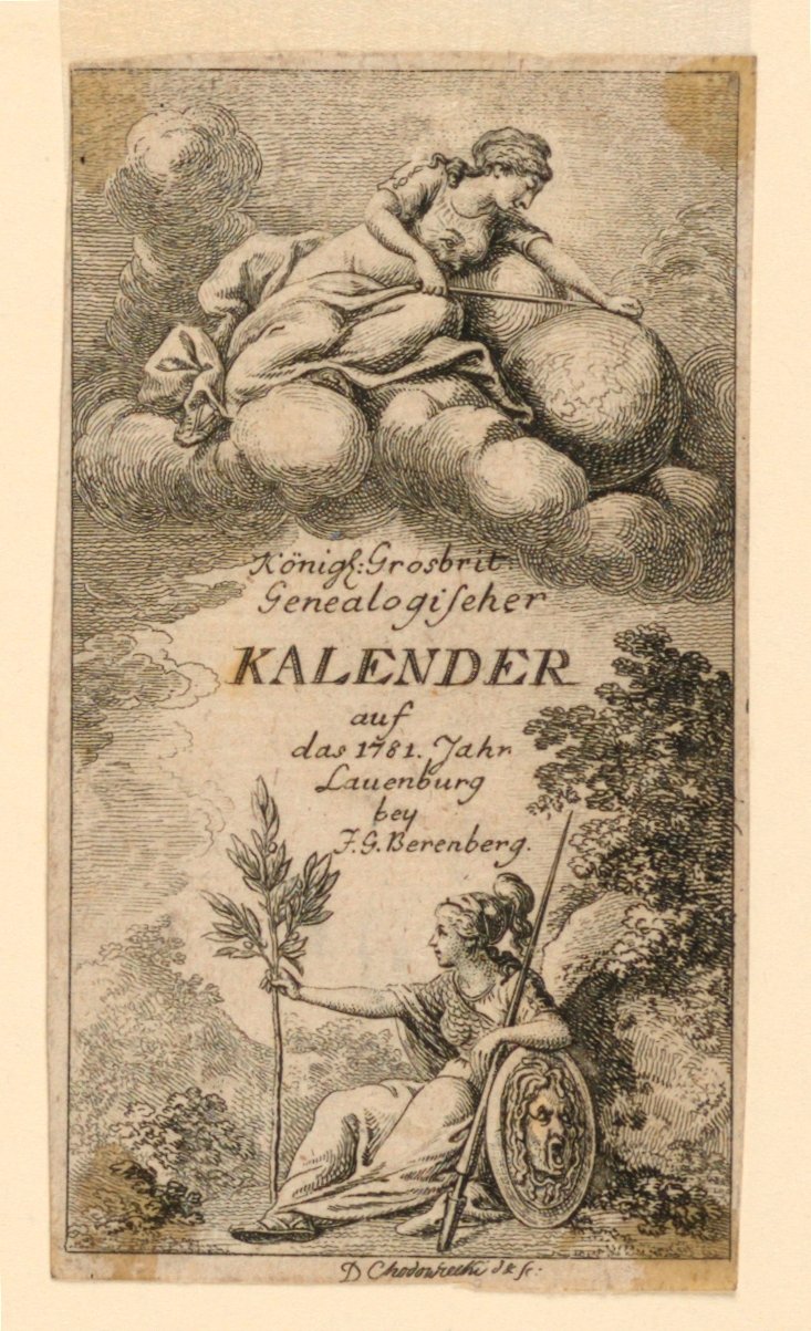 Página de rosto para "Königl: Grosbrit [anische] Genealogischer Kalender auf das 1781 Jahr Lauenberg bey J.G. Berenberg" de Daniel Nikolaus Chodowiecki