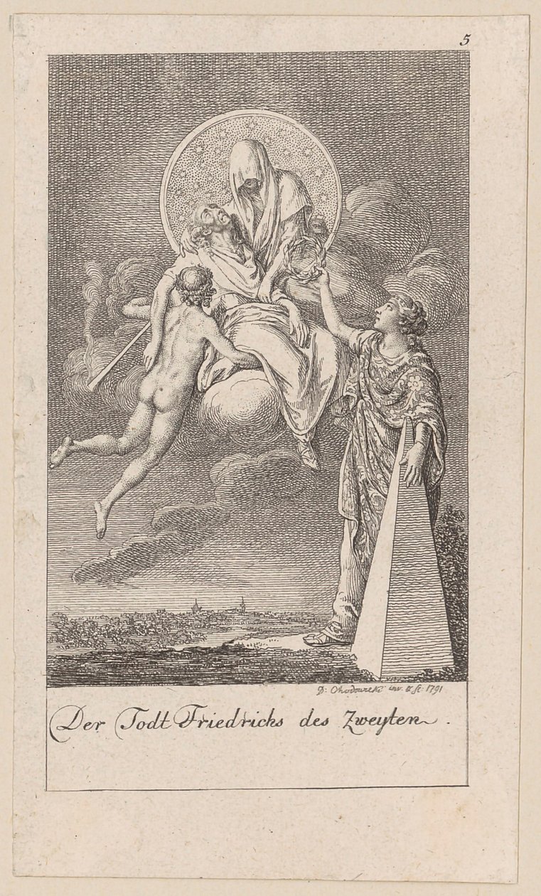 Morte de Frederico II, prancha 5 da série «Seis grandes acontecimentos do penúltimo decénio» de Daniel Nikolaus Chodowiecki