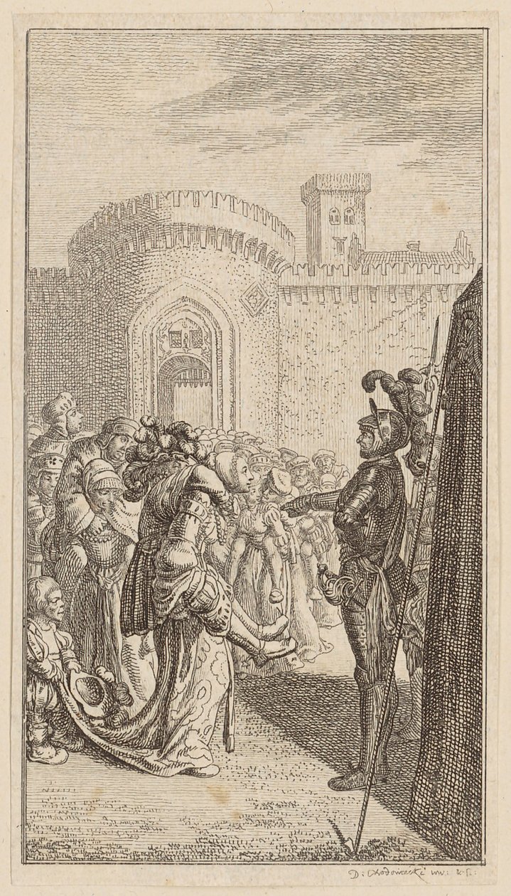 «Mulheres de Weinsberg», página 6 da primeira edição de «Poemas de Gottfried August Bürger» de Daniel Nikolaus Chodowiecki