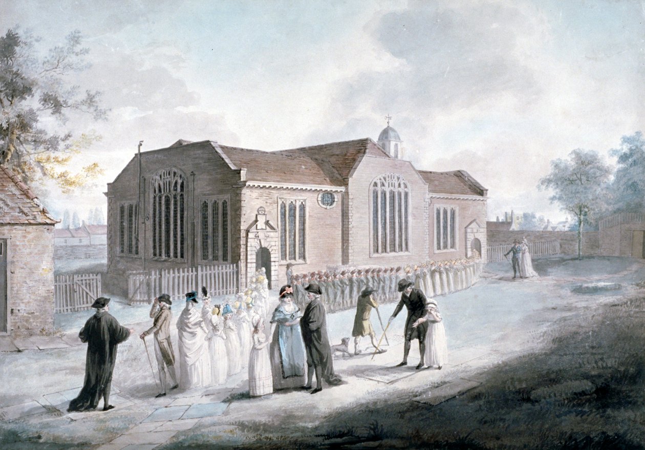 Uma procissão de crianças em idade escolar entrando na Broadway Chapel, Westminster, Londres, 1797 de Daniel Orme