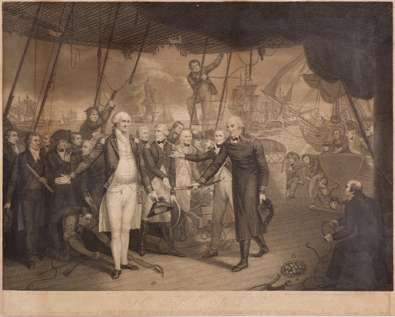 Vitória do Lorde Visconde Duncan e Renúncia do Almirante De Winter a bordo do Venerável, outubro de 1797 (gravura pontilhada) de Daniel Orme