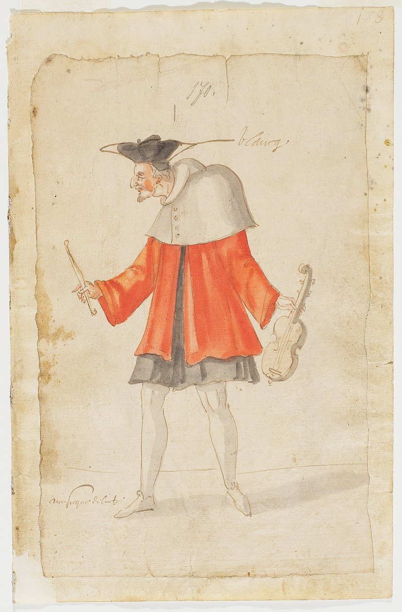Músico do Ballet du Serieux et du Grotesque, 1627 (tinta marrom e wc sobre papel) de Daniel Rabel