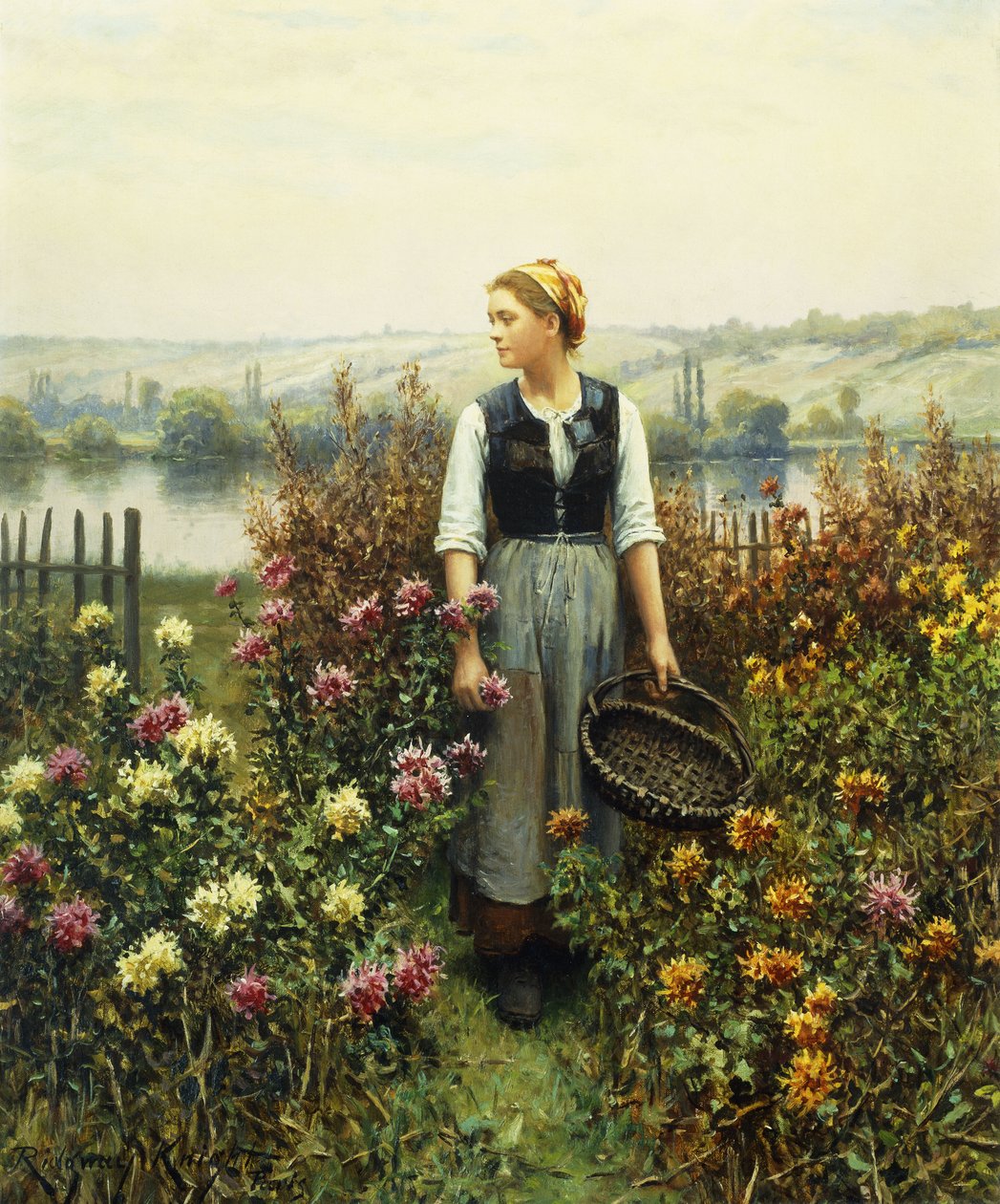 Menina com uma cesta em um jardim, de Daniel Ridgway Knight