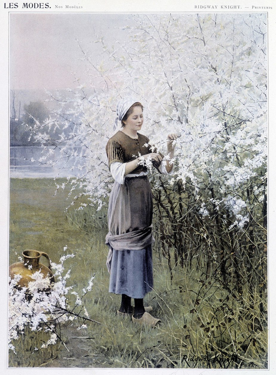 Primavera: Mulher a recolher flores - doente. por R. Knight, c. 1905 de Daniel Ridgway Knight
