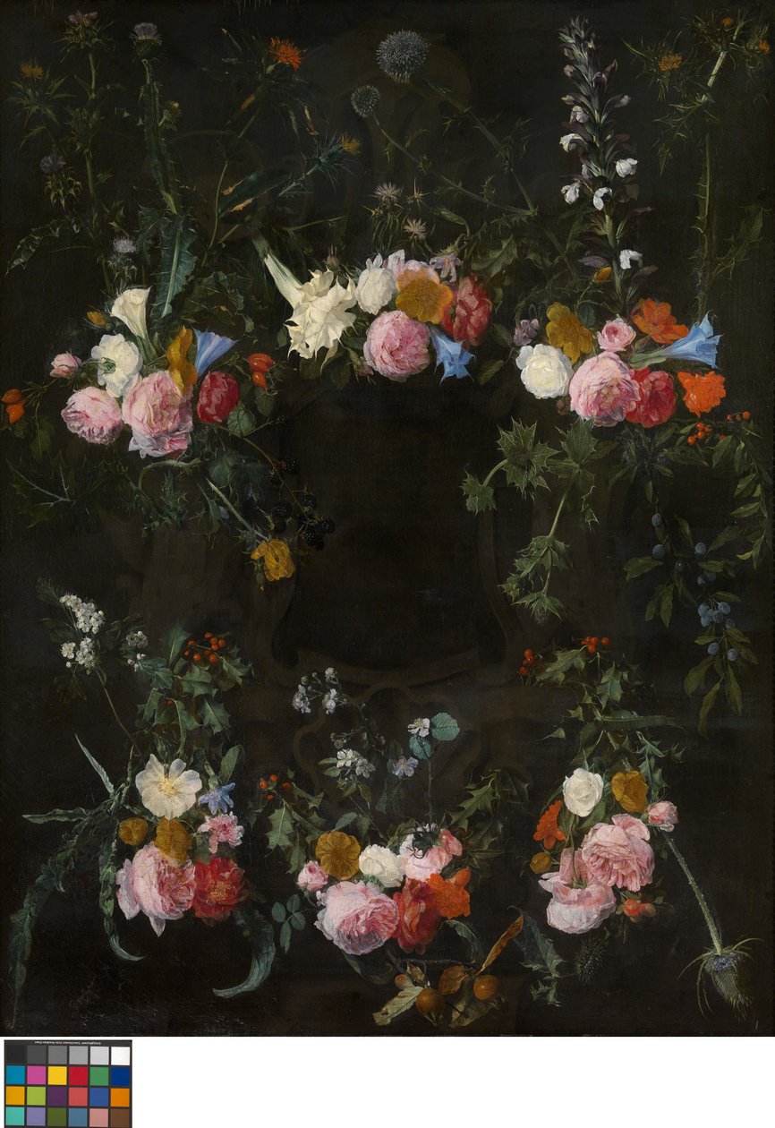 Cartela esculpida adornada com flores de Daniel Seghers